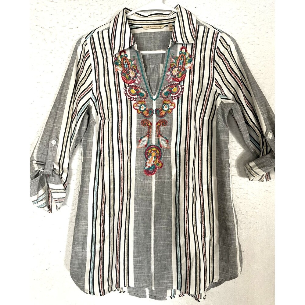 Soft Surroundings Floral Embroidery Top Paisley Tunic Stripe Pocket Roll Tab PXS